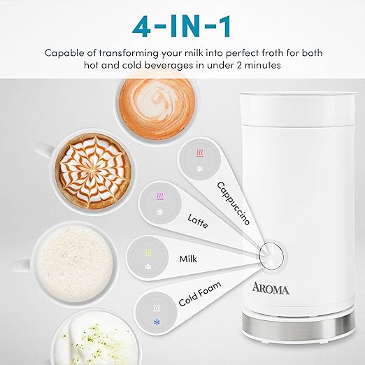 AROMA® 4-in-1 Cold & Warm Milk Frother and Steamer with Auto-Off One-Touch Controls (200ml)