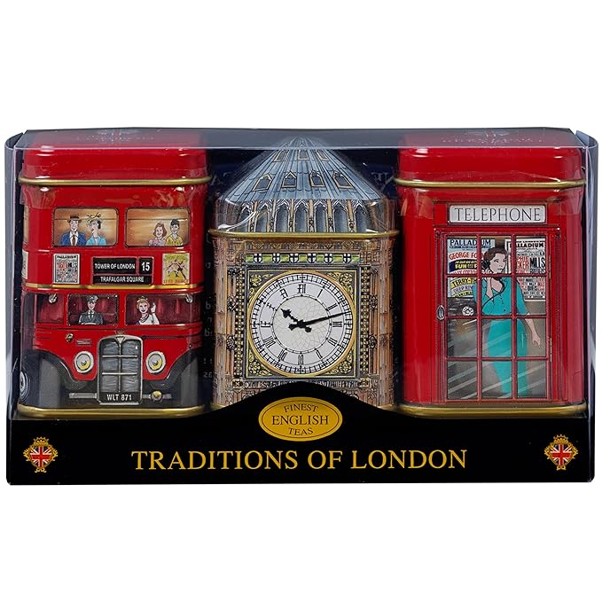 London Icons 3x Mini Tea Tins with Fine English Loose Tea (Big Ben, Red London Bus, Telephone Box)