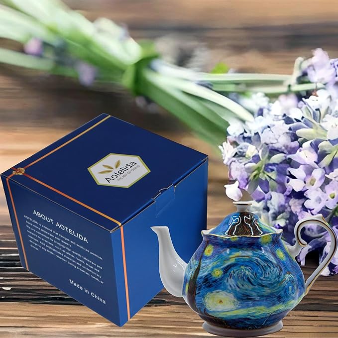 Teapot 30 oz Vangogh Paintings Bone China Loose Tea Pot Floral Design Vintage Ceramic Coffee Water Pot European Style Porcelain (Starry Sky)