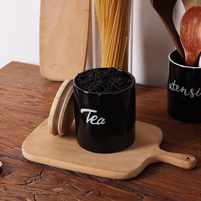 LEETOYI Porcelain Food Storage Containers with Lid, 4.5 Inch 31oz, Black Labeled Tea