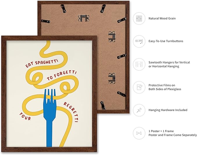 Poster Master Spaghetti Poster - Eat Spaghetti To Forgetti Your Regretti Print - Food & Drink Art - Gift for Chef, Cook - Fun Decor for Restaurant, Kitchen, Dining Room, 16x20 Brown Framed