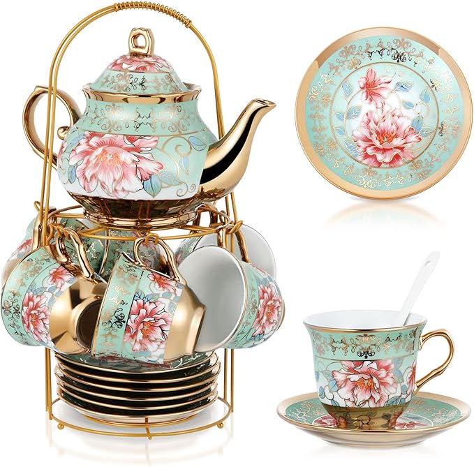 Zhehao 20 Pcs Porcelain Tea Set with Metal Holder and Spoon Adult Ceramic Tea Set European Flower Painting Teapot Cup Saucer Spoon for Women, Large Version (Fresh Style)