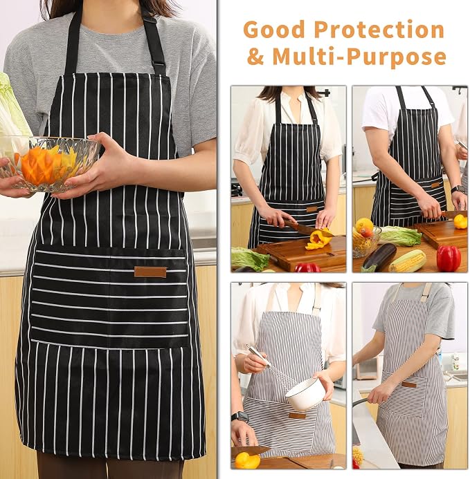 Tosewever 2 Pieces Kitchen Cooking Aprons, Cotton Polyester Blend Adjustable Bib Aprons with 2 Pockets for Women Men Chef Chef (Black/Brown Stripes, 2) - Image 5