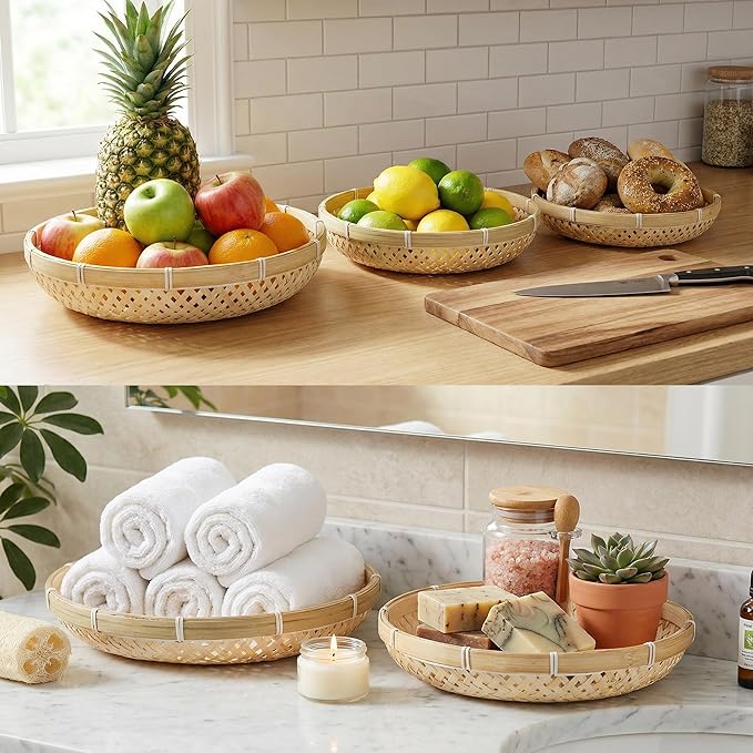 Hiceeden 3 Pack Round Bamboo Serving Trays, Decorative Wicker Basket Tray for Food, Natural Woven Shallow Tray for Fruit, Vegetables, Bread