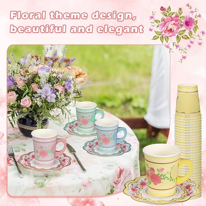48 Sets Floral Paper Tea Cups and Saucers Disposable Paper Tea Party Supplies 9 oz Cups with Handle and Saucer for Birthday Wedding Party Decorations (Classic Style)
