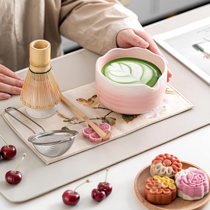 Matcha Whisk Set Ceramic Matcha Set Includes Bowl,Spout Bamboo Chasen Whisk with Ceramic Holder, Matcha Scoop and Stainless Sifter, Matcha Kit Valentine's Day Gifts for Women(7Pcs,Pink)