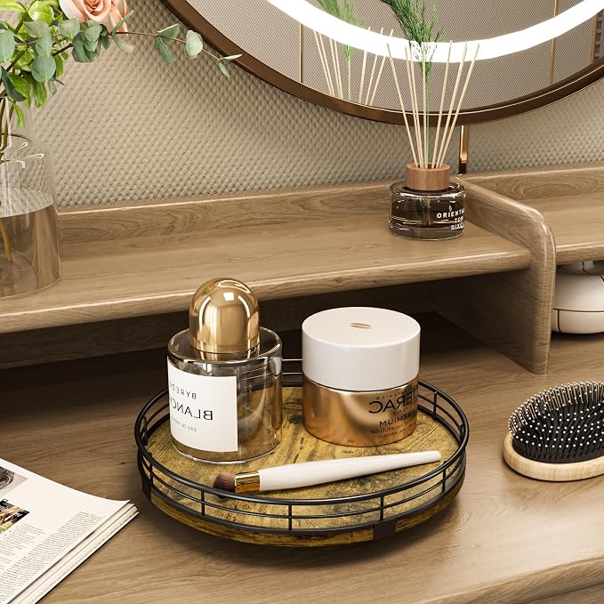 Lazy Susan Turntable Organizer for Table Top, 9’’ Round Wooden Lazy Susan for Cabinet Kitchen Countertop Pantry Dining Coffee Table for Condiments Spices, Rustic Bathroom Vanity Tray for Soap Candle - Image 3