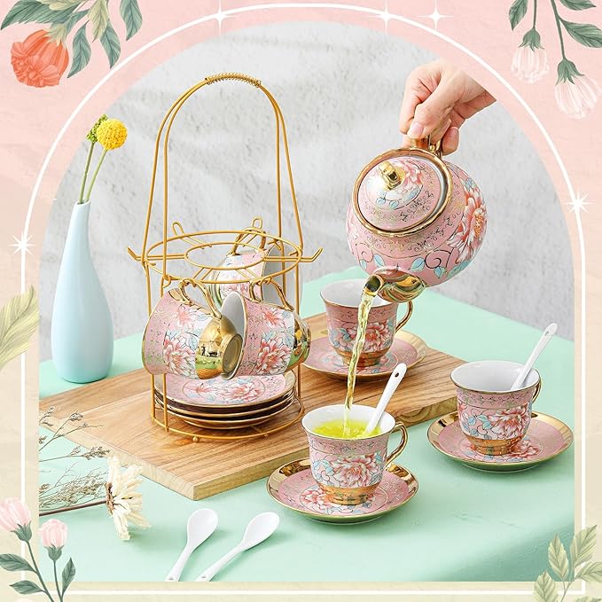 Zhehao 20 Pcs Porcelain Tea Set with Metal Holder and Spoon Adult Ceramic Tea Set European Flower Painting Teapot Cup Saucer Spoon for Women, Large Version (Pink Style)