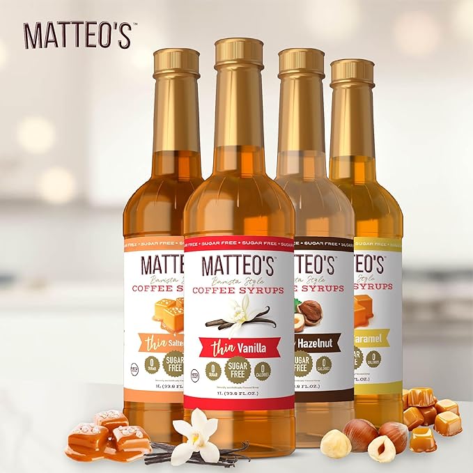 Matteo's Sugar Free Coffee Syrups - Zero Sugar Flavor Syrup, Barista Style Variety Pack of Coffee Flavoring Syrups, 0 Calorie, Keto-Friendly, Salted Caramel, Vanilla, Hazelnut, Caramel, 33.8oz, 4 Pack