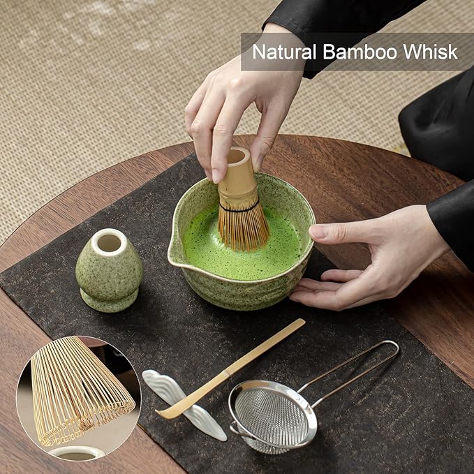 Matcha Set, Matcha Whisk Set Includes Matcha Bowl with Spout, Bamboo Whisk, Matcha Whisk Holder, Sifter, Scoop, Spoon Holder, Tea Towel- 7pcs Perfect Matcha Kit for Matcha Tea Ceremony