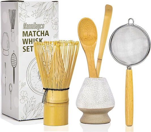 Matcha Whisk Set 5pcs – Bamboo Matcha Whisk (Chasen), Whisk Holder, Chashaku Scoop, Spoon, Fine Mesh Sifter, Starter Matcha Kit for Beginners, Tea Ceremony Gifts