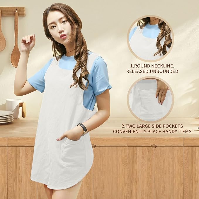 Shortened Design Apron, Japanese Style Soft Cotton Linen Apron with Two Side Pockets, X Cross Halter Aprons, Kitchen Cooking Clothes Gift for Women DIY Project, Crafting, Cooking, Baking(White) - Image 3