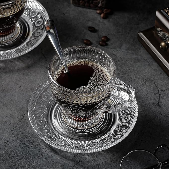 Glass Teacups and Saucers Set of 6, Vintage Coffee Mugs with Stainless Steel Spoon, Dishwasher & Microwave Safe Teacups for Espresso Cappuccino Latte Tea Juice, 7OZ/210ML, Clear