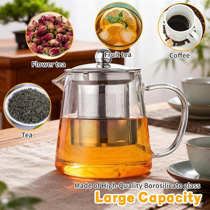 Glass Teapot with Stainless Steel Infuser, Borosilicate Glass Tea Maker, Stovetop Safe (950ML)