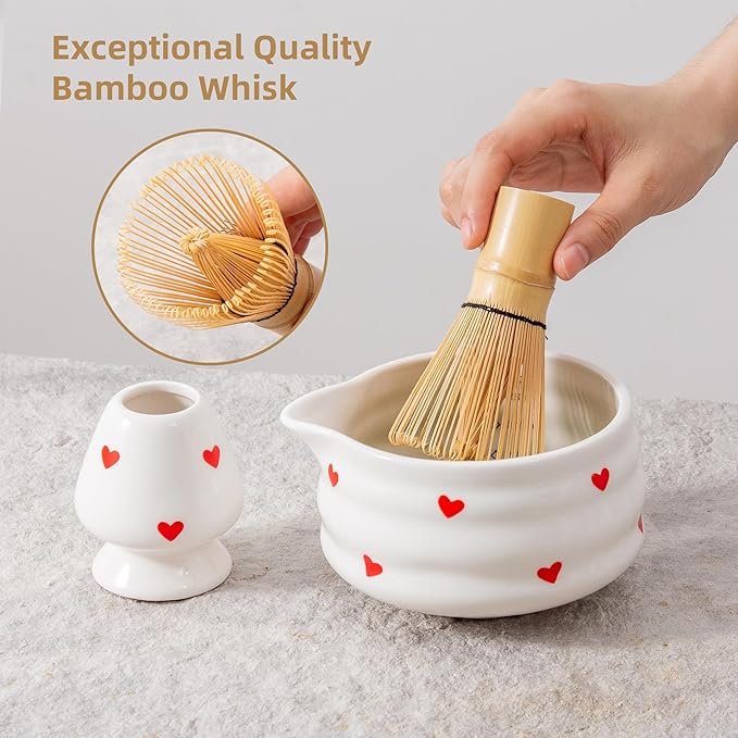 5pcs Premium Matcha Set,Ceramic Bowl with Spout and Bamboo Whisk set, Hearts Matcha Kit for breakfast/latte,Tea Starter Making Kit,Valentine Matcha Gift set (love)