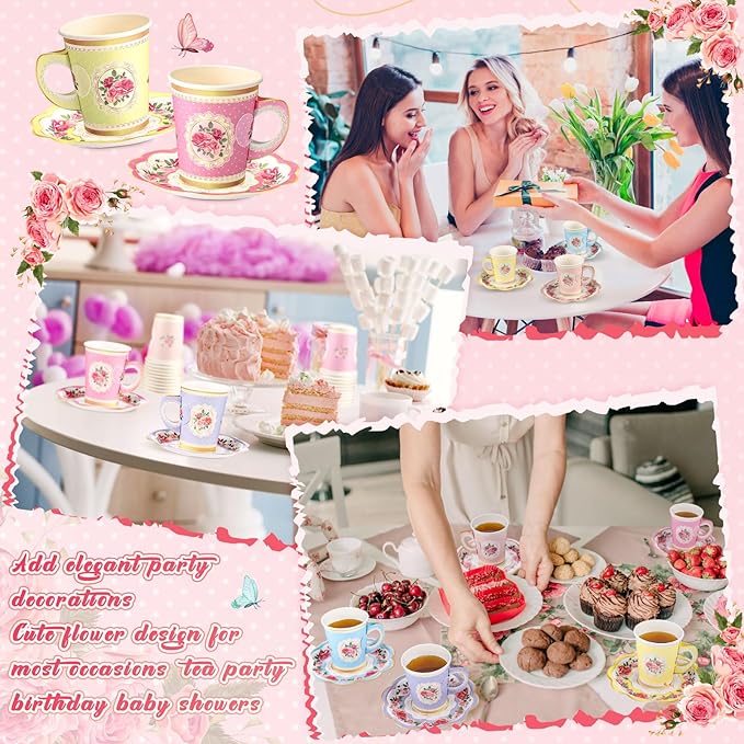 Tioncy 100 Pcs Tea Party Decorations Include 50 Pieces 9 oz Paper Tea Cups with Handle and 50 Plates Disposable Teacups and Saucers Sets for Birthday Baby Shower(5 Colors)
