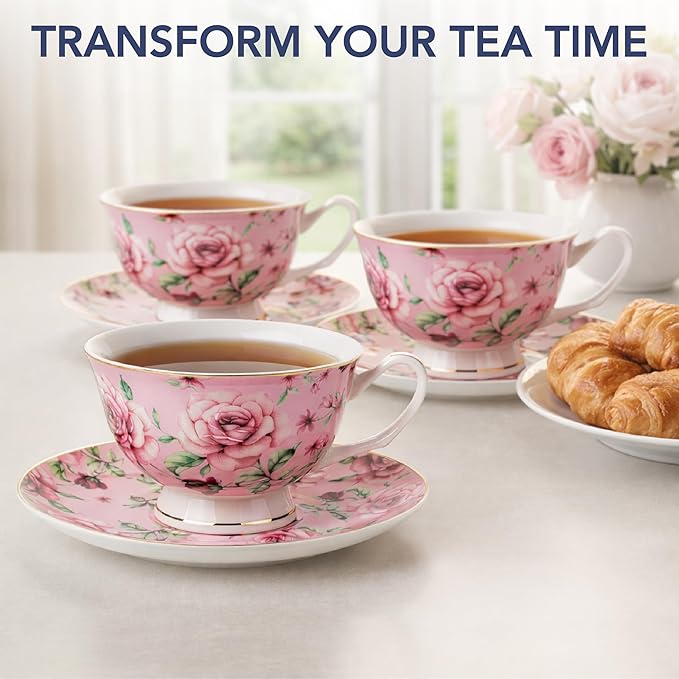 BTaT- Floral Tea Cups and Saucers, Set of 4, 8 oz, Fine Porcelain Teacup Set with Gold Trim for Afternoon Tea, Weddings, Parties & Gifting, Dishwasher Safe and Freezer Safe