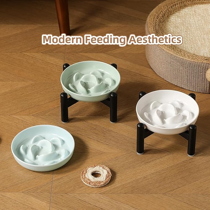 Elevated Slow Feeder Cat Bowl - Melamine Cat Food Plate with Anti-Slip Metal Stand - Raised Maze Dish for Slow Eating - Mint Green