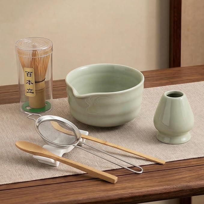 YOLIFE 7 Pcs Matcha Whisk Set, Matcha Kit for Ceremony, Includes Matcha Bowl with Spout, Bamboo Whisk (Chasen) with Ceramic Holder, Scoop, Powder Spoon and Sifter (Matcha Green)