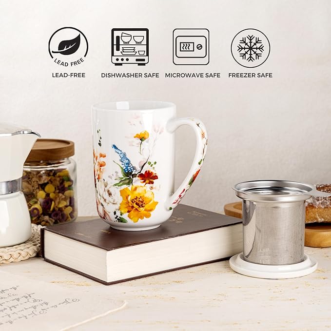 GBhome Tea Mug with Infuser and Lid, 18 Ounce Large Ceramic Loose Leaf Cup, Microwave, Dishwasher Safe, Perfect For Tea Lovers