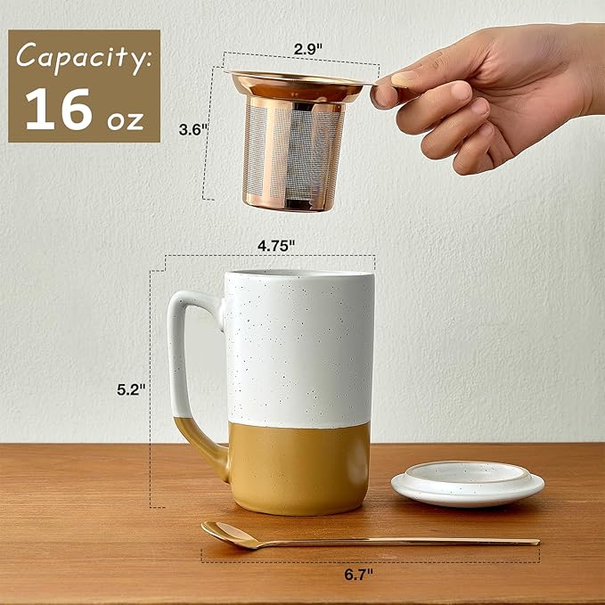 Ceramics Large Tea Cup with Loose Leaf Infuser, Spoon and Lid, 16 oz Tall Coffee Mug, Microwave and Dishwasher Safe, Rustic Matte Ceramic Glaze, Tea Strainer, Amber