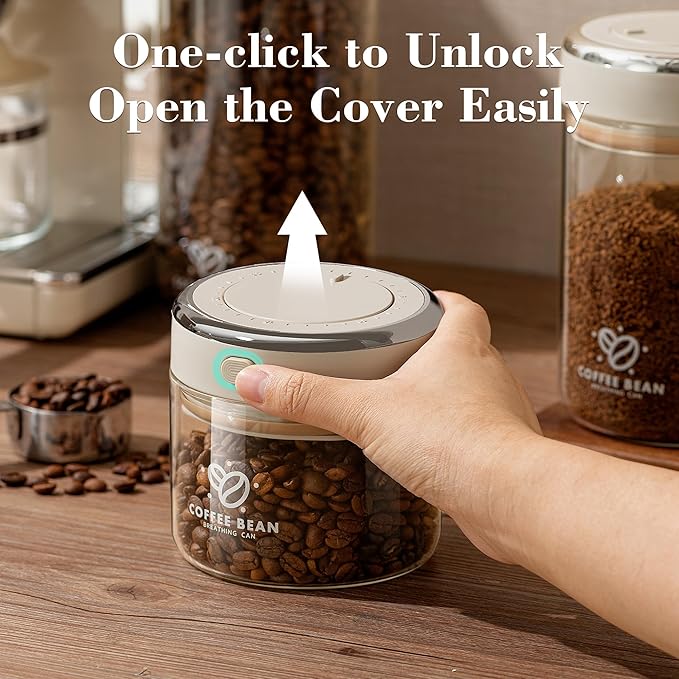 Coffee Bean Storage Container with One-way Valve Airtight Lid Date Tracker for Coffee and More Food Fresh and Storage, Clear Borosilicate Glass Coffee Canister(1.2 Qt - 13.1 OZ)