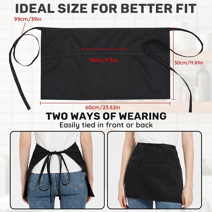 3 Pack Waist Apron with 3 Pockets, Unisex Black Waiter Aprons, Water Resistant Server Aprons for Restaurant Chef Bar - Image 4