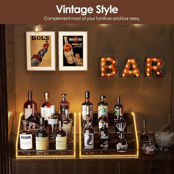 Nuovoware LED Lighted Liquor Bottle Display Shelf, 3 Step Wood Countertop Liquor Rack with Fences & Portable Handles, 12-Bottle Whiskey Rack Liquor Display Retro Wine Rack for Home Bar Party, Brown - Image 5