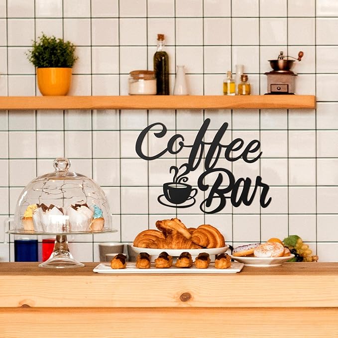 Shimeyao Coffee Bar Accessories Coffee Bar Sign for Wall Metal Rustic Hanging Wall Art Vintage Black Cup Letter Sign for Cafe Home Office Kitchen
