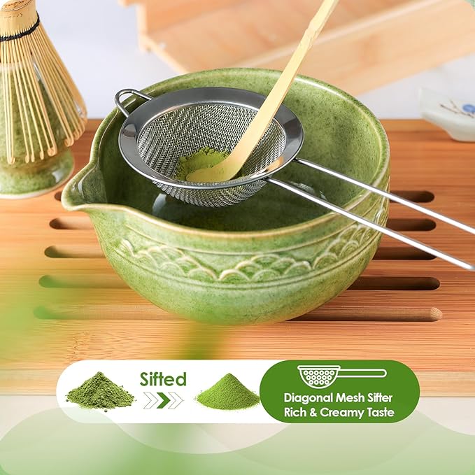 Matcha Whisk Set, ZBUFAN 7 Pcs Green Matcha Kit with Bamboo Whisk(Chasen) and Holder, Ceramic Matcha Bowl with Spout, Japanese Tea Set with Matcha Sifter and Scoop