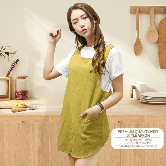 Shortened Design Apron, Japanese Style Soft Cotton Linen Apron with Two Side Pockets, X Cross Halter Aprons, Kitchen Cooking Clothes Gift for Women DIY Project, Crafting, Cooking, Baking(Yellow) - Image 2