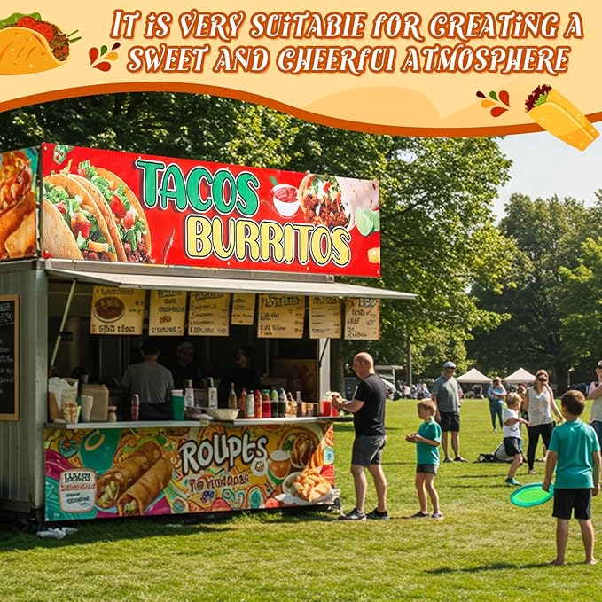 Tegeme Extra Large Tacos Burritos Banner Food Bar Oxford Fabric Display Banner with 10 Grommets for Restaurant Truck Business Snack Bar Sign, 24 x 120 Inch