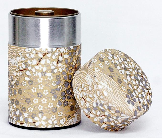 Washi Paper Tea Tin Canister: Long 3.5oz (100g) Cherry Bloosom with Champagne (#128), Japan