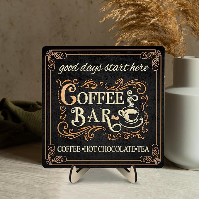 Vintage Coffee Bar Decor Sign,Rustic Wooden Plaque for Java Station, Kitchen,Cafe or Tea Corner, Funny Jave Gift for Coffee Lovers (Black, 5.9x5.9inches)