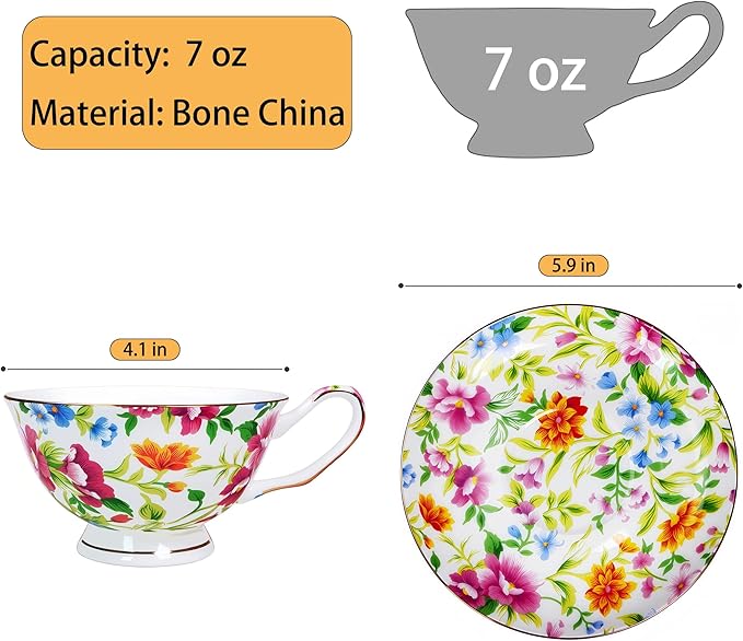 Tea cup and Saucer Set Royal Garden Style Tea Coffee Cup with Saucer 7 Ounces Bone China Teacup and saucer Set(White)