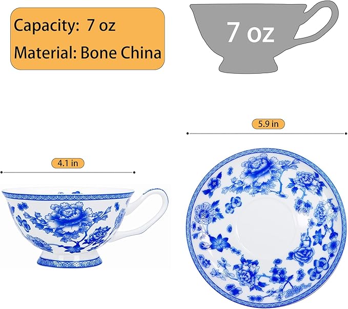 Tea cup and Saucer Set Royal Garden Style Tea Coffee Cup with Saucer 7 Ounces Bone China Teacup and saucer Set (Blue and White)