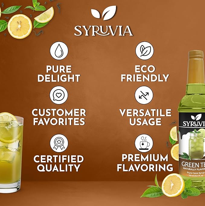 Syruvia Green Tea Syrup, Natural Flavors, Syrup for Drinks, Lattes, and Desserts – 25.4 fl oz