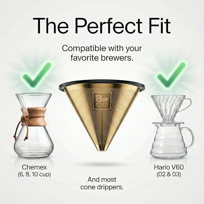 Barista Warrior Reusable Coffee Filter - Stainless Steel Pour Over Dripper, Compatible for Chemex, Hario V60 & Drippers, Easy to Clean Flavorful Brew Fine Mesh Coffee Filter - Gold Titanium Coated