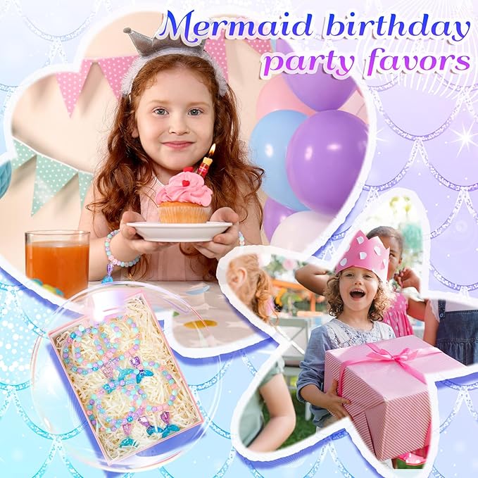 Ecally 12 Pcs Mermaid Party Favors Mermaid Beaded Bracelet Bulk Ocean Party Supplies Costume Jewelry Princess Birthday Prize Gifts