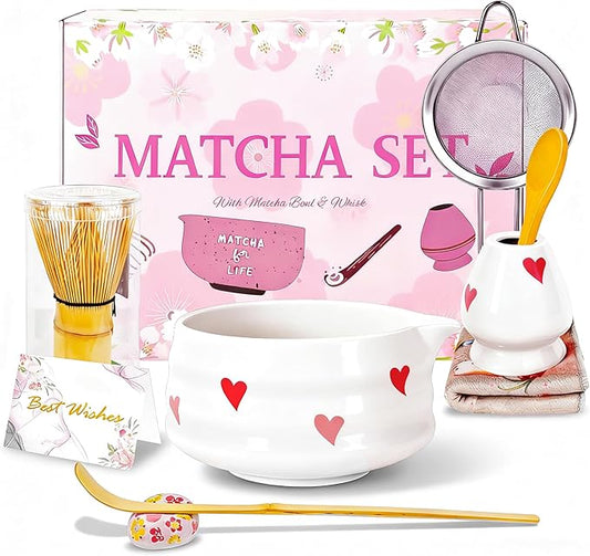 8Pcs Cute Ceramic Matcha Set with Whisk Bowl, Matcha Tea Kit Holder, Bamboo Scoop, Sifter, Towel Included, Valentine's Mother's Day Gift for Matcha Lover Women (Heart Shape White)