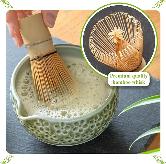 Matcha Whisk Set- Matcha Set includes Matcha Whisk and Bowl, Sifter, Holder and Scoop- The Perfect Bamboo Whisk for Matcha Tea (Molted Green)