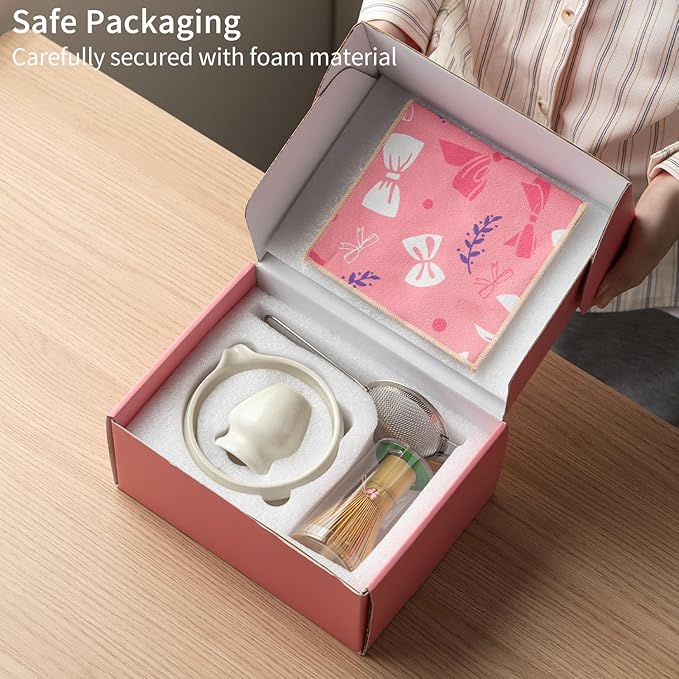 Matcha Kit 7-Pcs matcha whisk set, Measuring Spoon, Japanese Tea Making Tools,Cha, tea bowl, pink matcha set (grey)