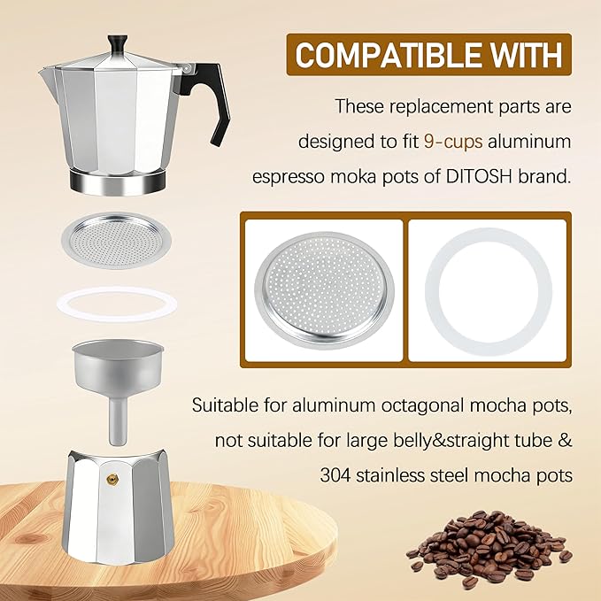 Espresso Maker Filter Basket,moka pot 9 cup Replacement Funnel,moka pot filter For Mocha Coffee Maker Pot with 1pcs Filter and 1pcs Silicone Gasket Seals