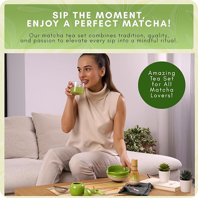 Matcha Whisk Set – Premium 9 Pcs Japanese Set for Tea Lovers - Traditional Kit, Green Matcha Kit Including Bowl (Chawan), Bamboo Whisk and Scoop Holders, Sifter Canister and Straw