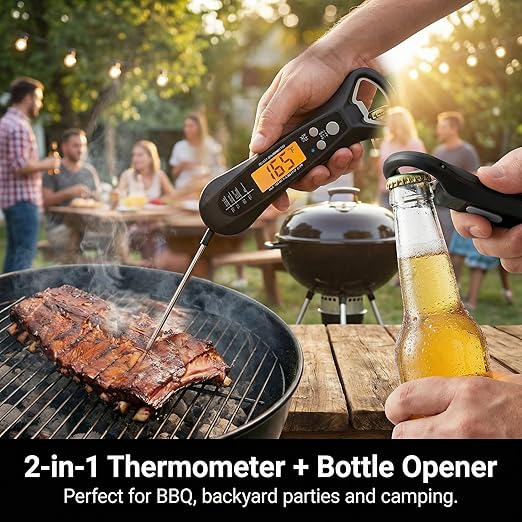 Instant Read Meat Thermometer for Cooking – Waterproof Digital Food Thermometer with Backlit LCD, Long Probe, Fast Accurate Kitchen Thermometer for BBQ, Grill, Candy & Oil (°C/°F)
