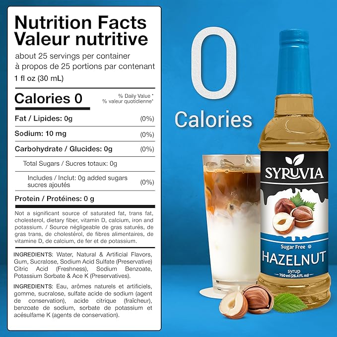 Syruvia Sugar Free Coffee Syrup, Hazelnut Flavored Syrup for Drinks, Lattes, and Desserts – 25.4 fl oz