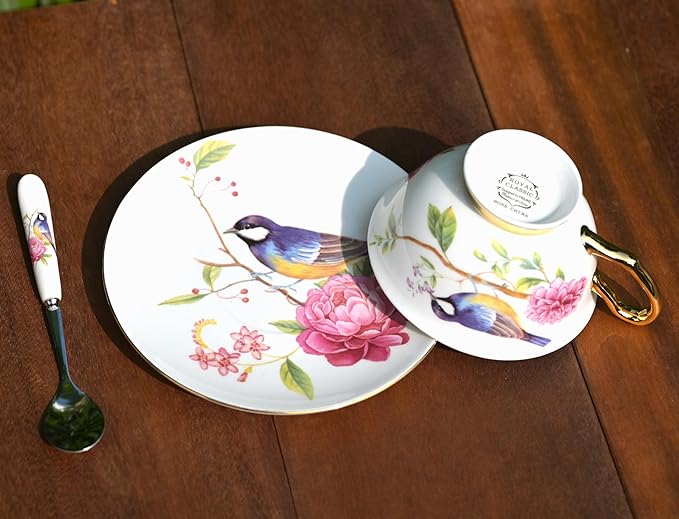 British Coffee Cup 3 Piece Set（6.8oz） Household Fashional Tea Cup with Saucer Spoon (white-magpie)