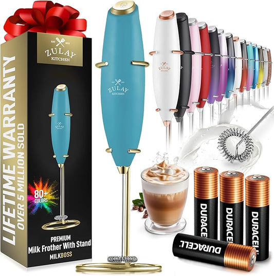 Zulay Kitchen Powerful Milk Frother Wand With 4 AA Duracell Batteries - Ultra Fast Handheld Drink Mixer - Electric Whisk Foam Maker for Coffee, Lattes, Cappuccino, Matcha & Creamer