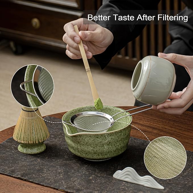 Matcha Set, Matcha Whisk Set Includes Matcha Bowl with Spout, Bamboo Whisk, Matcha Whisk Holder, Sifter, Scoop, Spoon Holder, Tea Towel- 7pcs Perfect Matcha Kit for Matcha Tea Ceremony