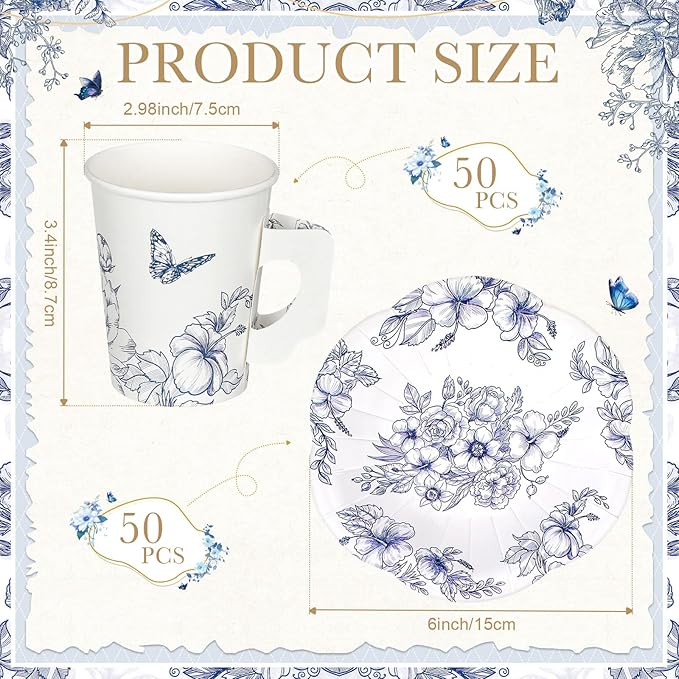Tioncy 100 Pcs Tea Party Decorations Include 50 Pieces 9 oz Paper Tea Cups with Handle and 50 Plates Disposable Teacups and Saucers Sets for Birthday(Blue and White Floral)
